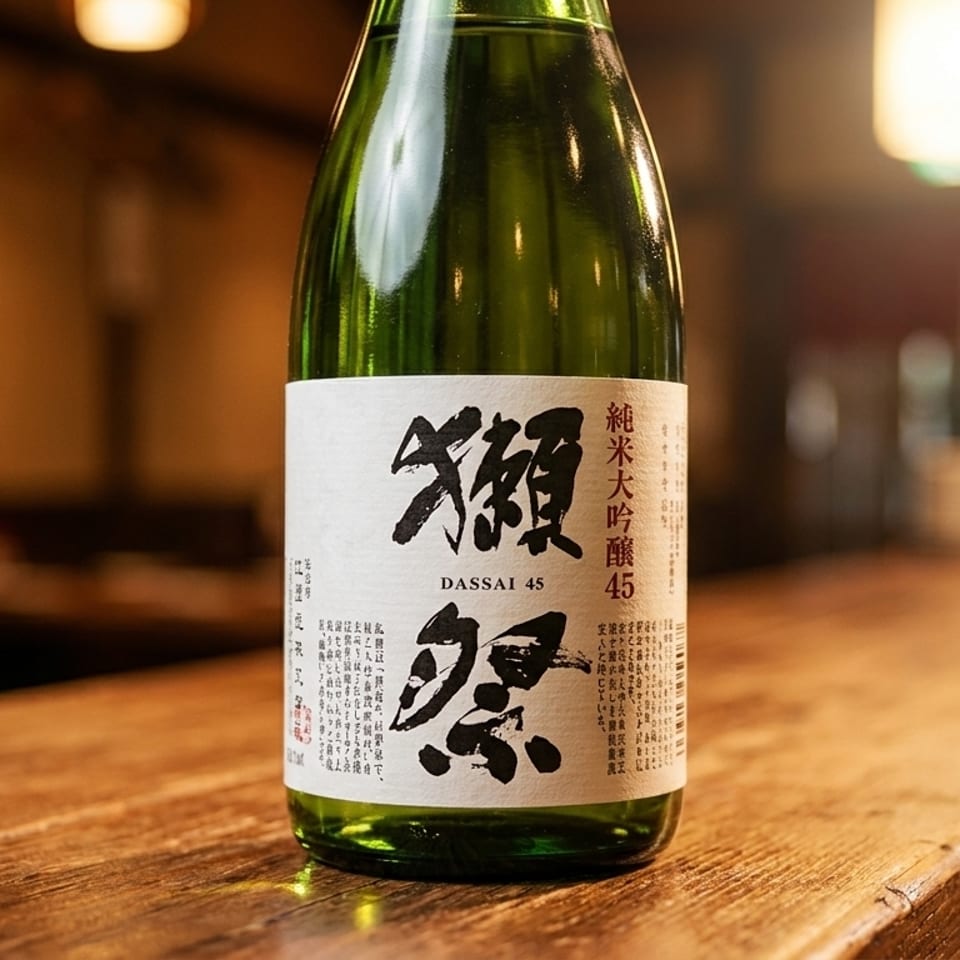A green bottle of Dassai 45 sake with a white label sits on a wooden bar.