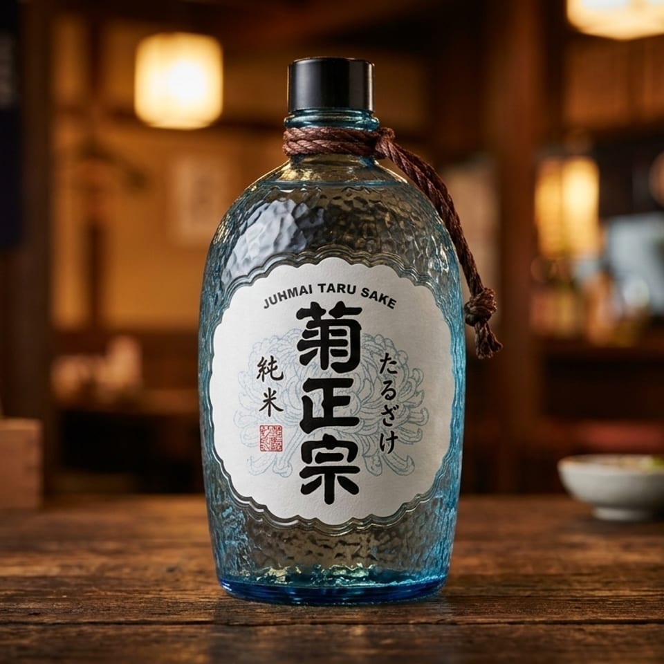 A bottle of Junmai Taru Sake on a wooden table with traditional Japanese pottery in a restaurant.