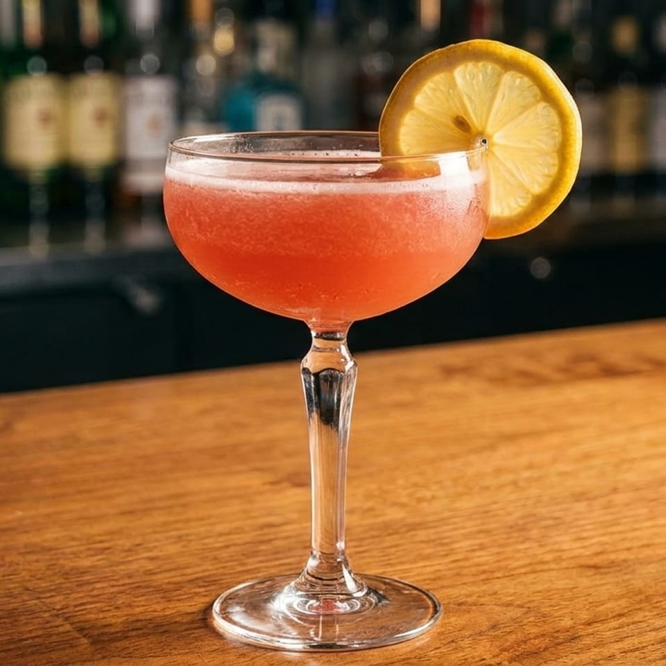 A vibrant red cocktail in a coupe glass, garnished with a lemon slice, on a wooden bar.