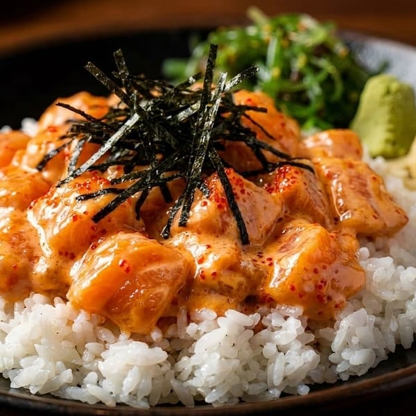 Spicy salmon poke bowl with rice, seaweed, wasabi, and pickled ginger on a dark plate.