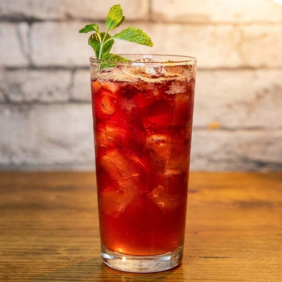 Tall glass of red iced tea with mint garnish on a wooden table.